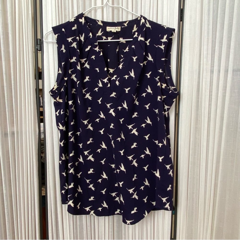 Maison Jules Navy and White Bird Pattern Blouse